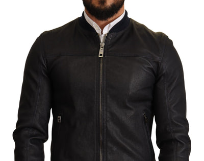 Blue Leather Full Zip Bomber Men Jacket