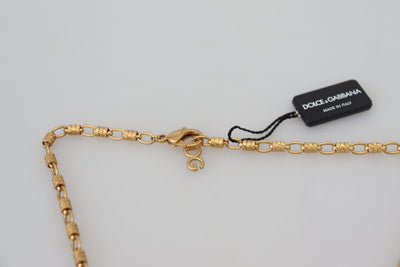 Gold Tone Brass Chain Faux Pearl Logo Pendant Necklace