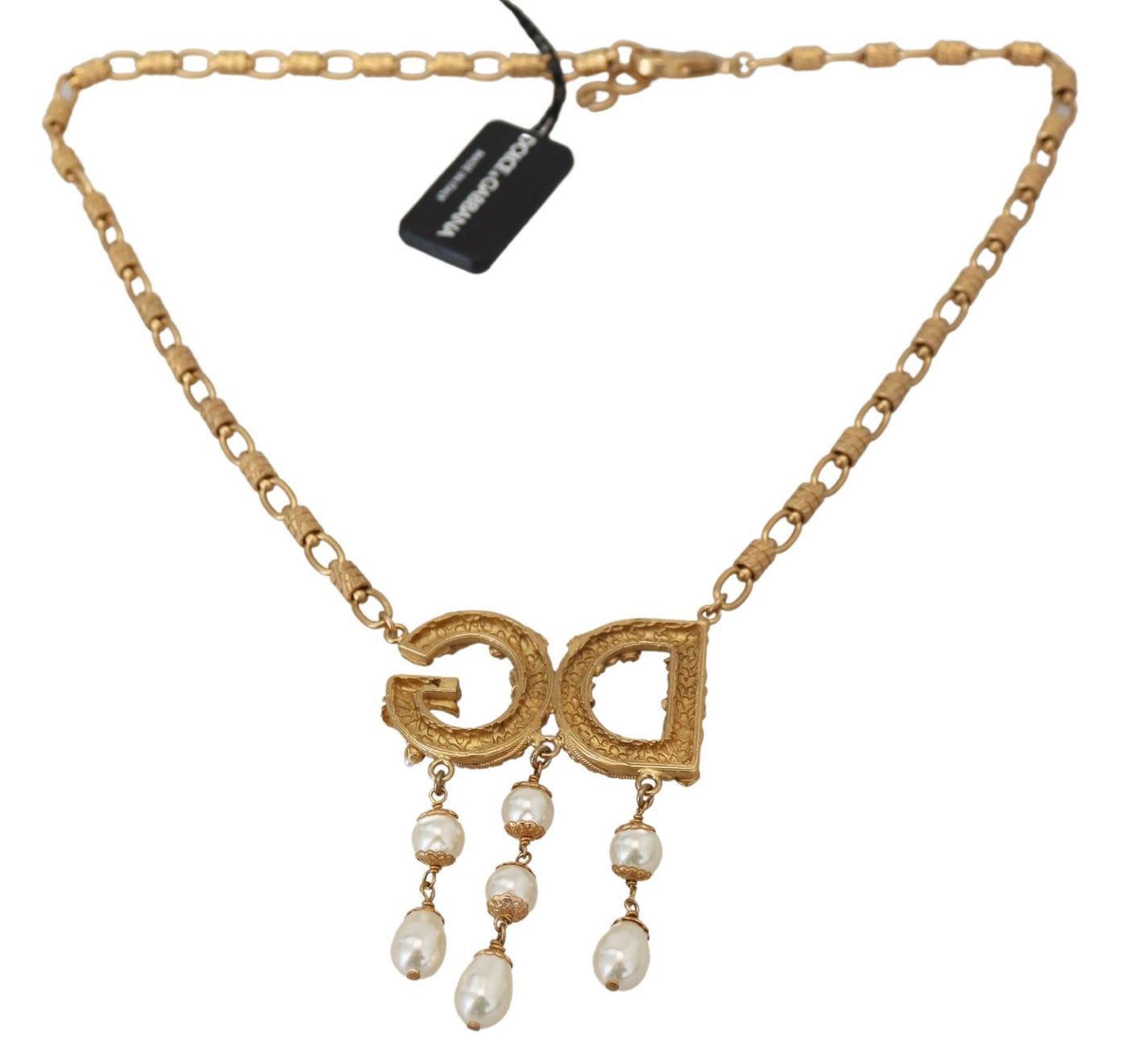 Gold Tone Brass Chain Faux Pearl Logo Pendant Necklace