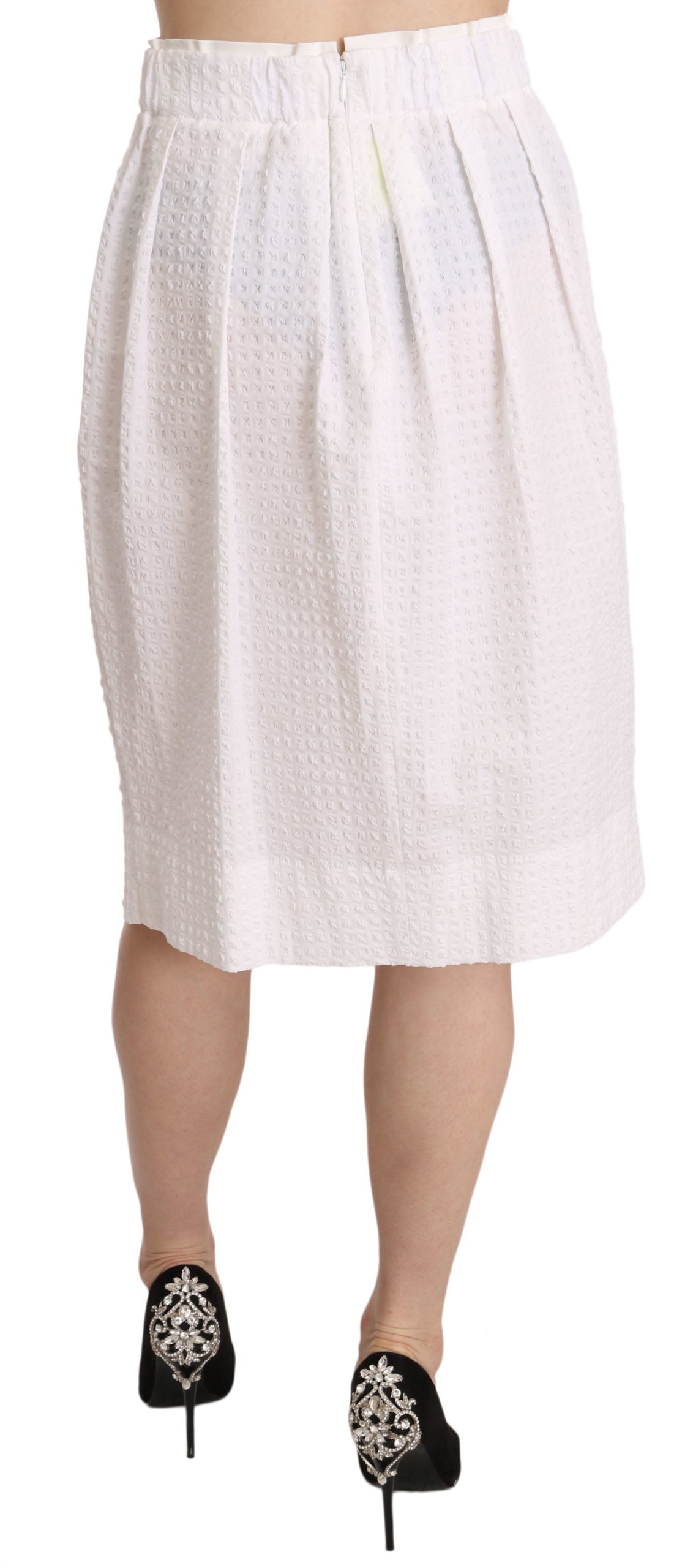 White Jacquard Plain Weave Stretch Midi Skirt