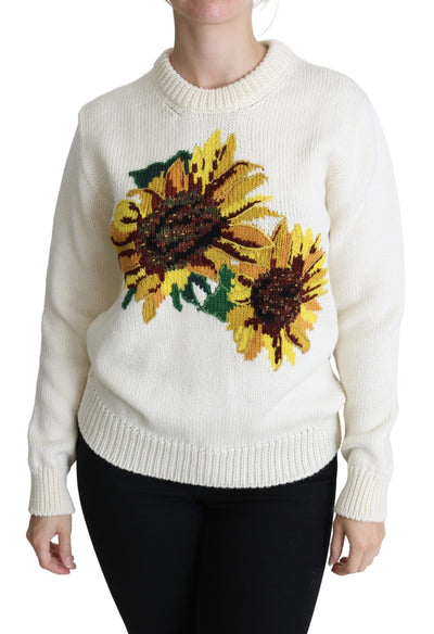 White Floral Wool Pullover Sunflower Sweater