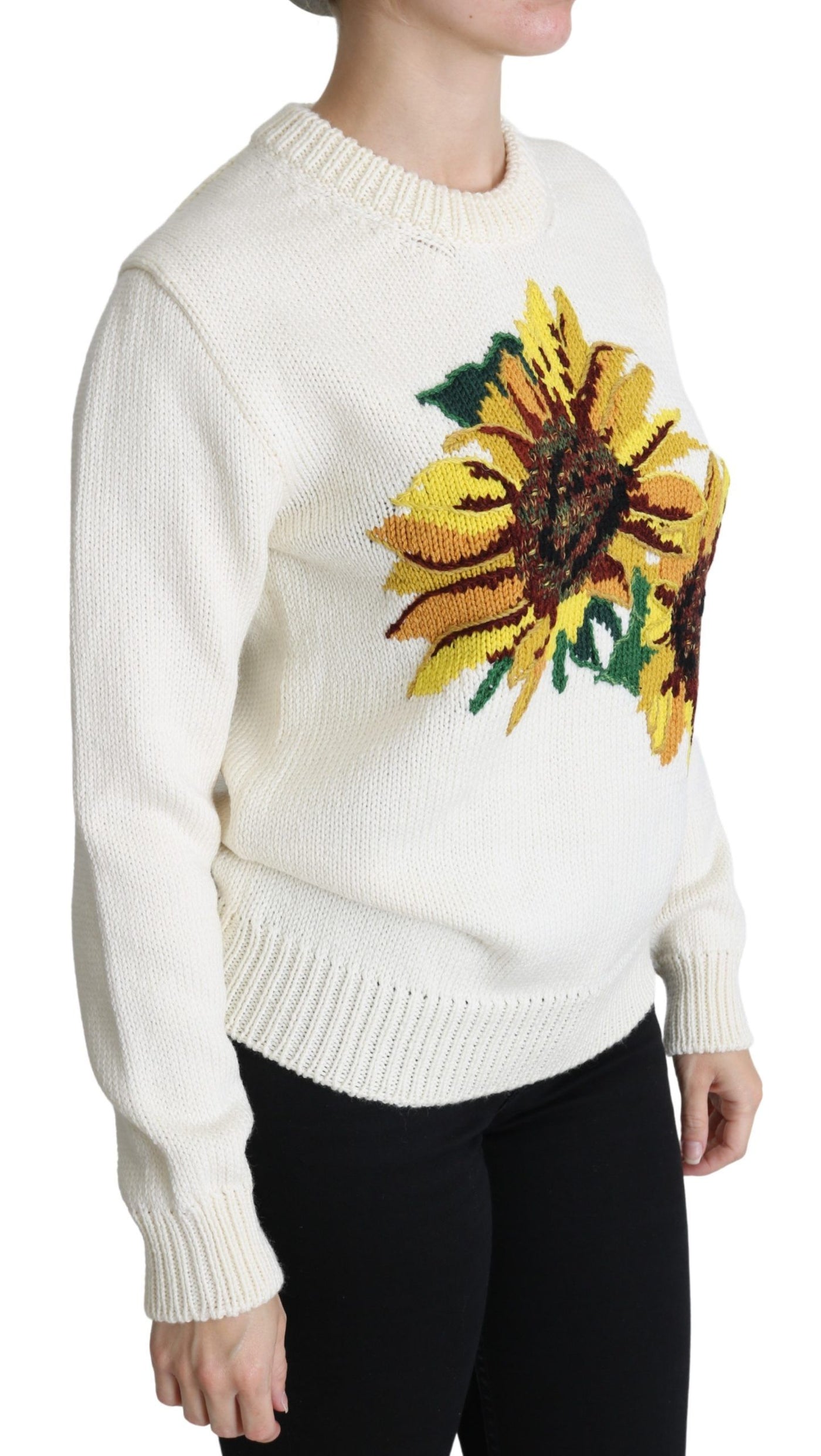 White Floral Wool Pullover Sunflower Sweater