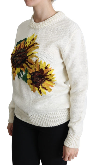 White Floral Wool Pullover Sunflower Sweater