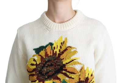 White Floral Wool Pullover Sunflower Sweater