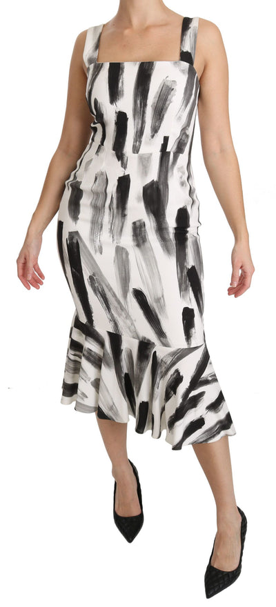 White Black Printed Sheath Midi Viscose Dress