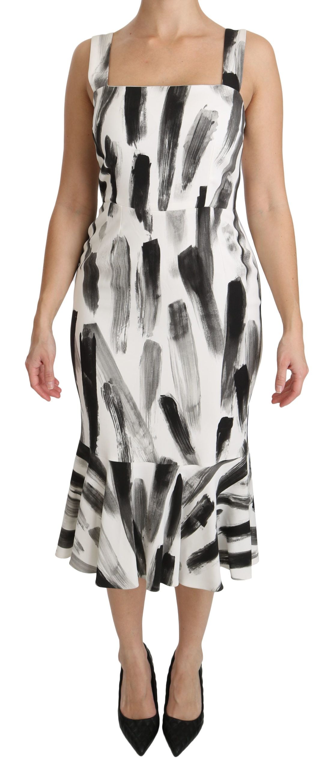 White Black Printed Sheath Midi Viscose Dress