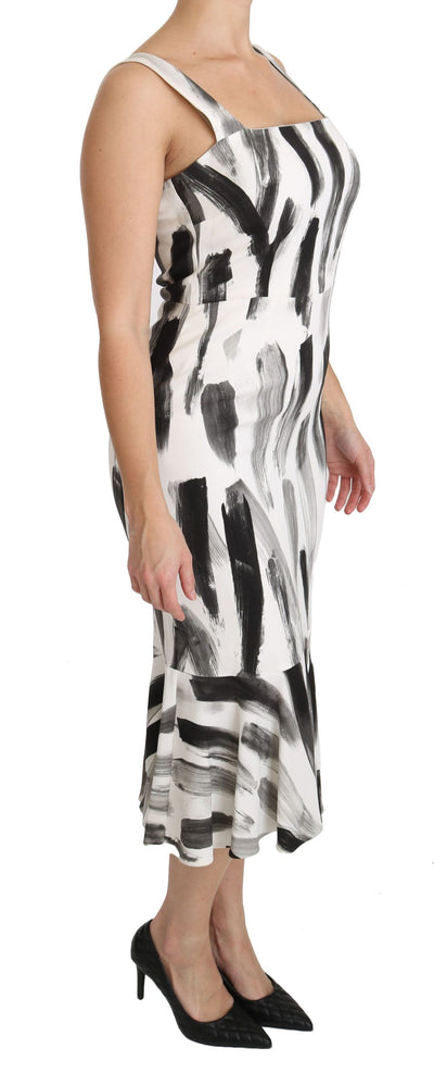 White Black Printed Sheath Midi Viscose Dress