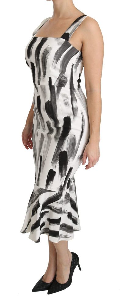 White Black Printed Sheath Midi Viscose Dress