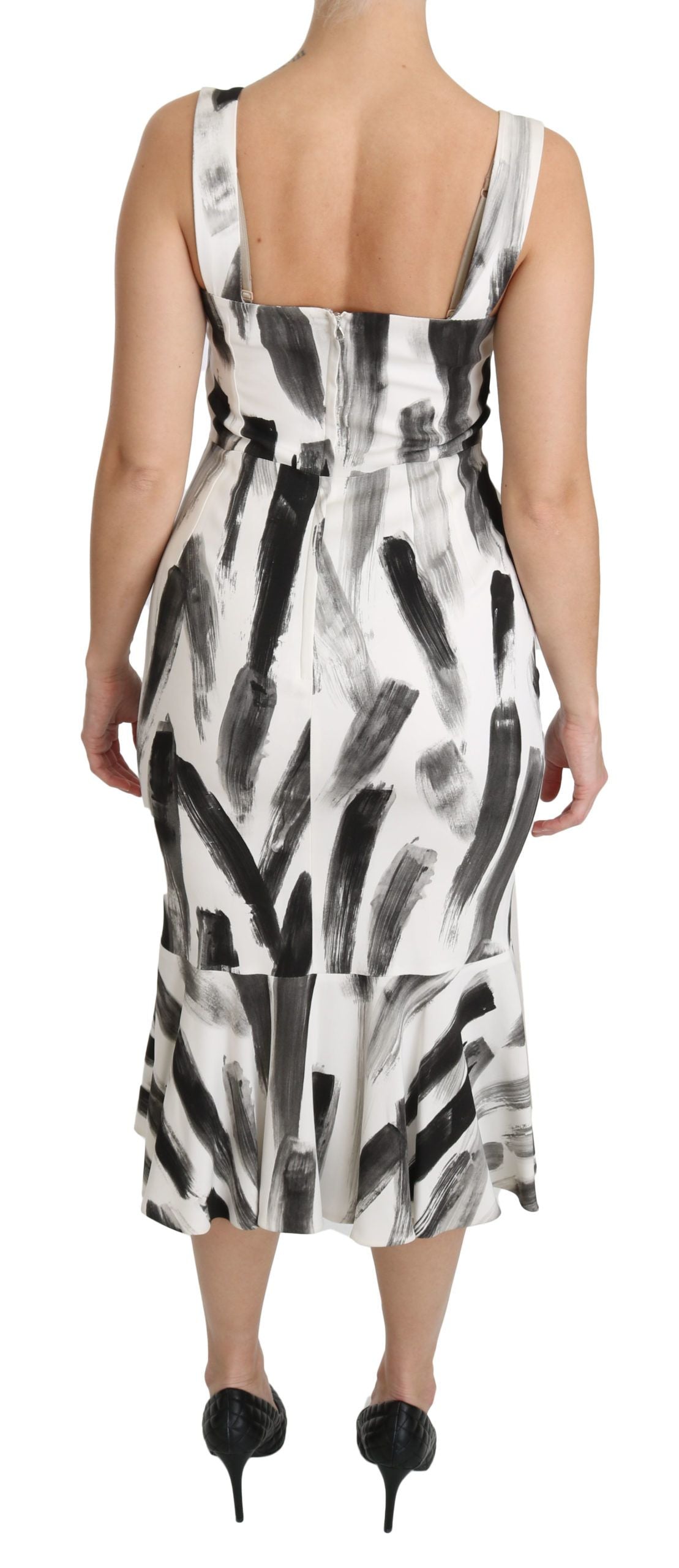 White Black Printed Sheath Midi Viscose Dress