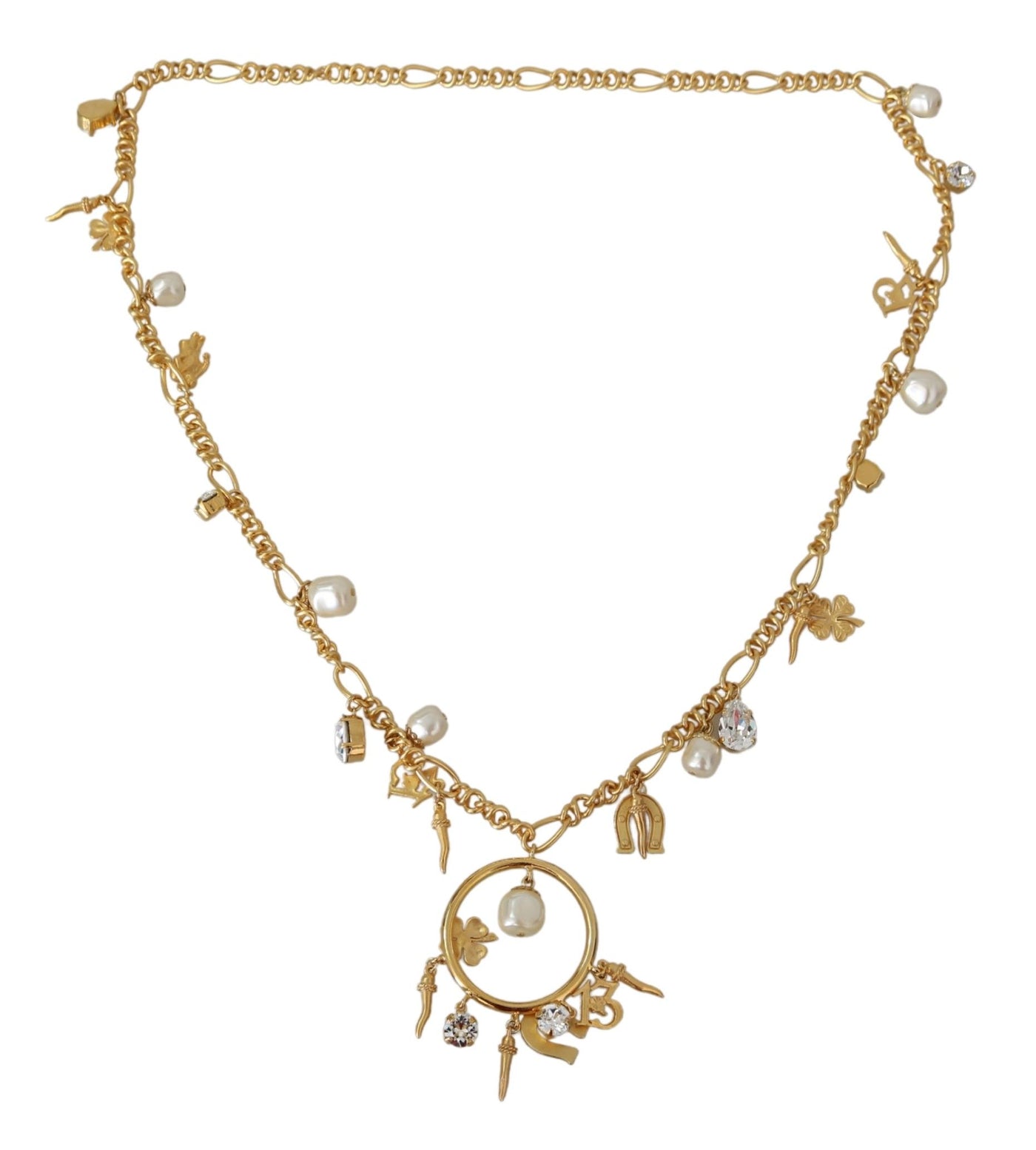 Gold Tone Horseshoe Pendants Crystal Faux Pearl  Necklace