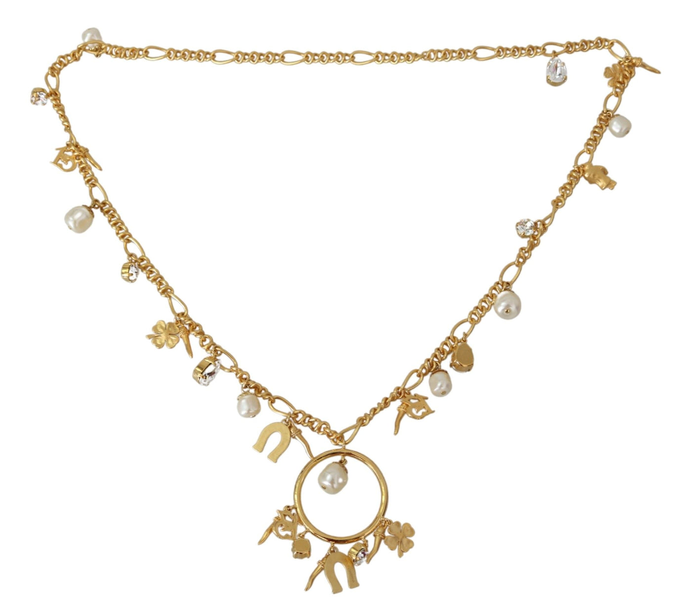 Gold Tone Horseshoe Pendants Crystal Faux Pearl  Necklace