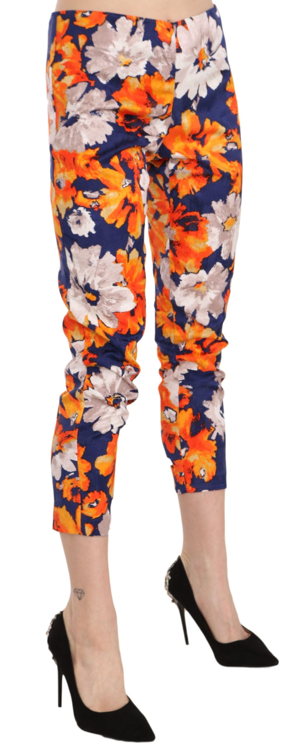 Blue Floral Print Skinny Slim Fit Trousers Pants