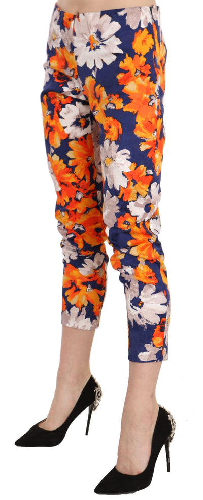 Blue Floral Print Skinny Slim Fit Trousers Pants