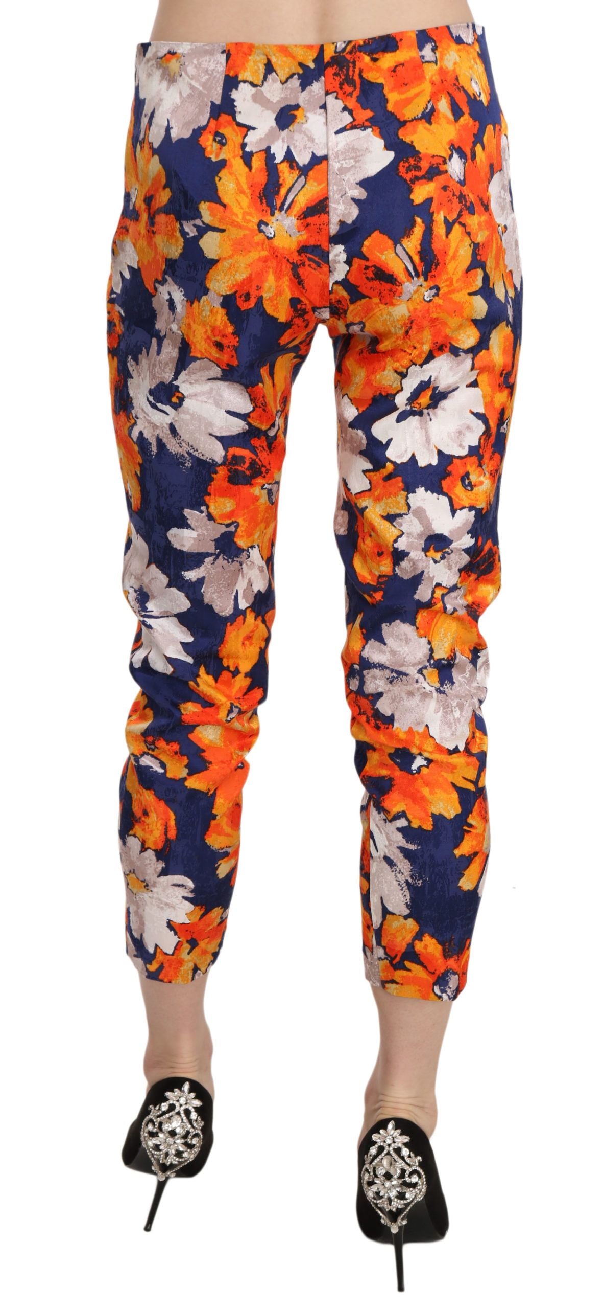 Blue Floral Print Skinny Slim Fit Trousers Pants