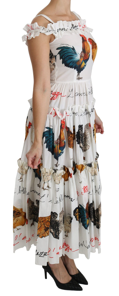 White Rooster Sheath Midi Cotton Dress