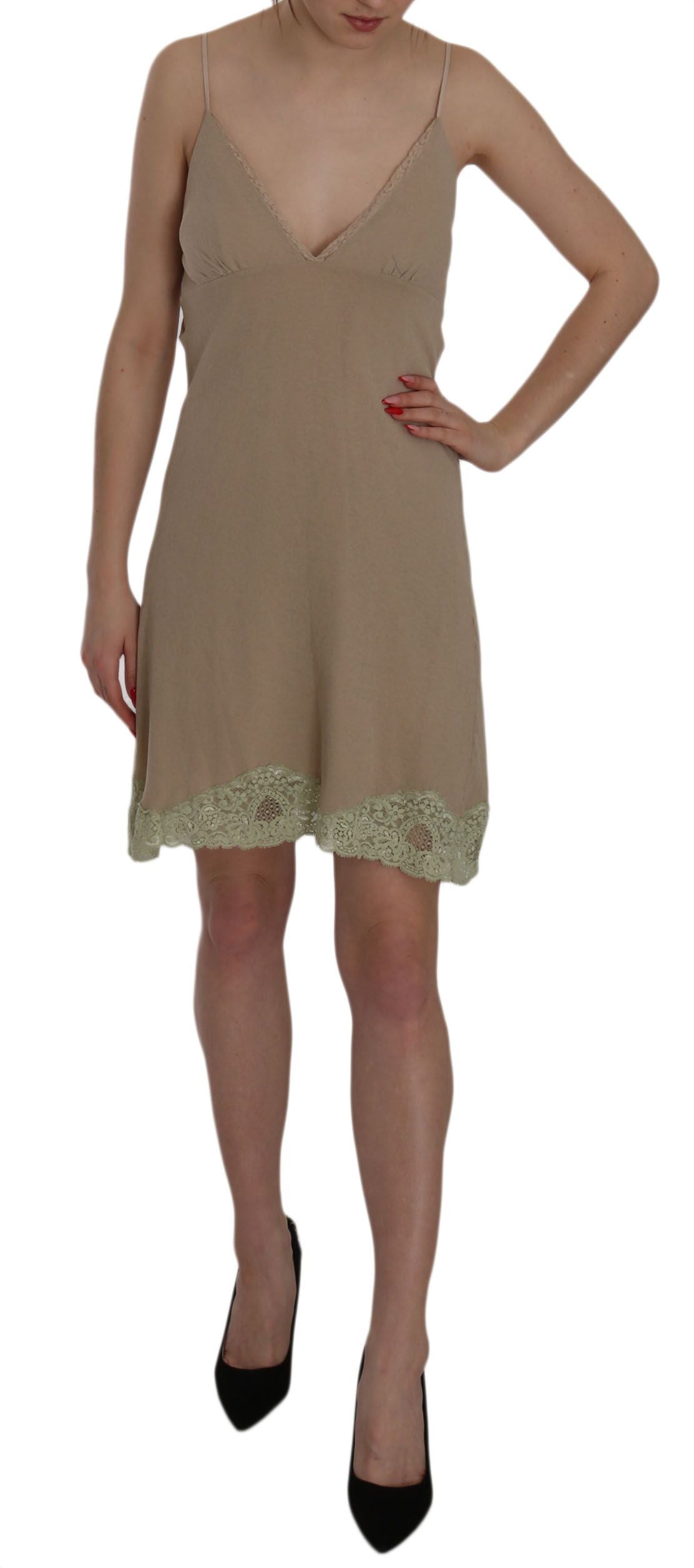 Beige Lace Spaghetti Strap Mini Cotton Dress