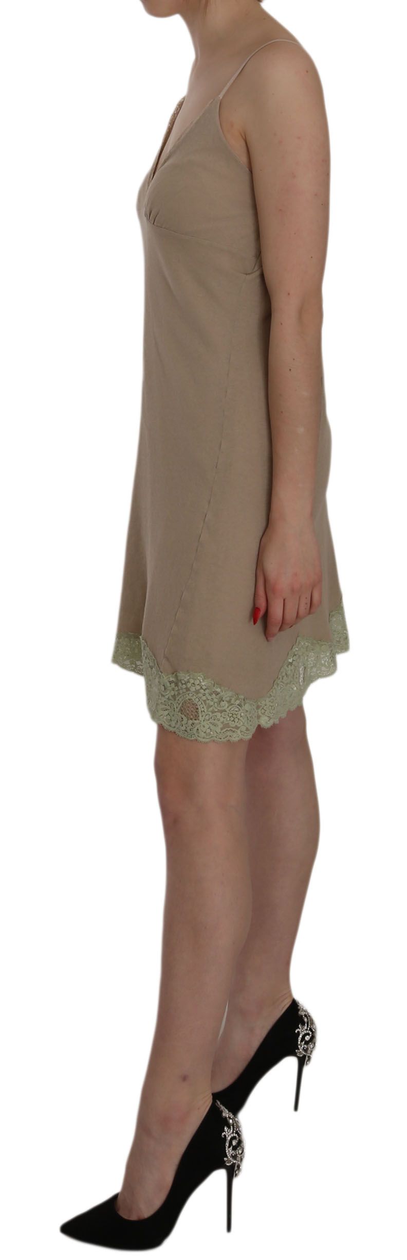 Beige Lace Spaghetti Strap Mini Cotton Dress