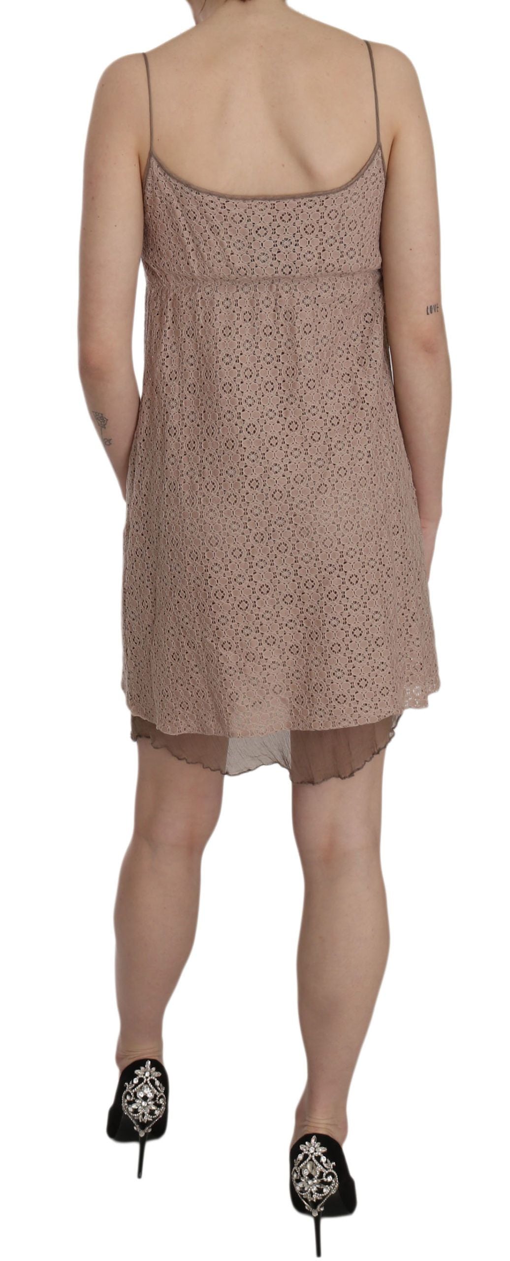 Beige Spaghetti Strap A-line Mini Cotton Dress