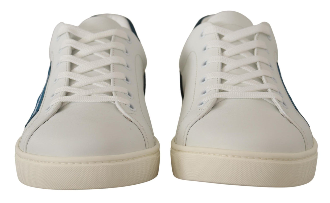 White Blue Leather Low Top Sneakers