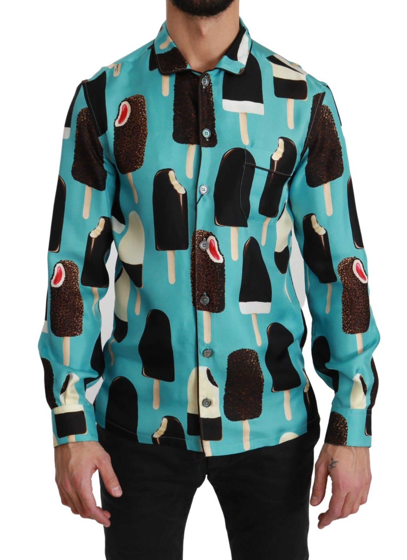 Blue Silk Ice Cream Print Casual Shirt