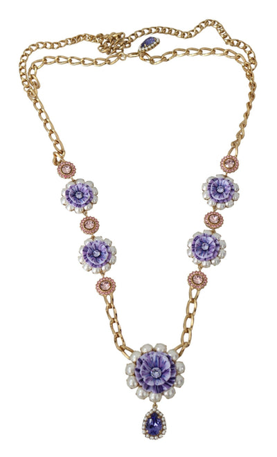 Gold Tone Floral Crystals Purple Embellished Necklace