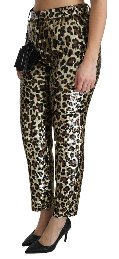 Brown Leopard Sequined High Waist Pants