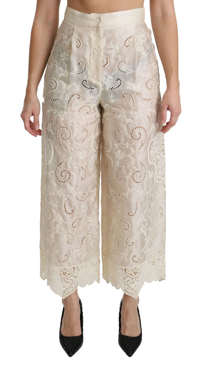 Cream Lace High Waist Palazzo Cropped Pants