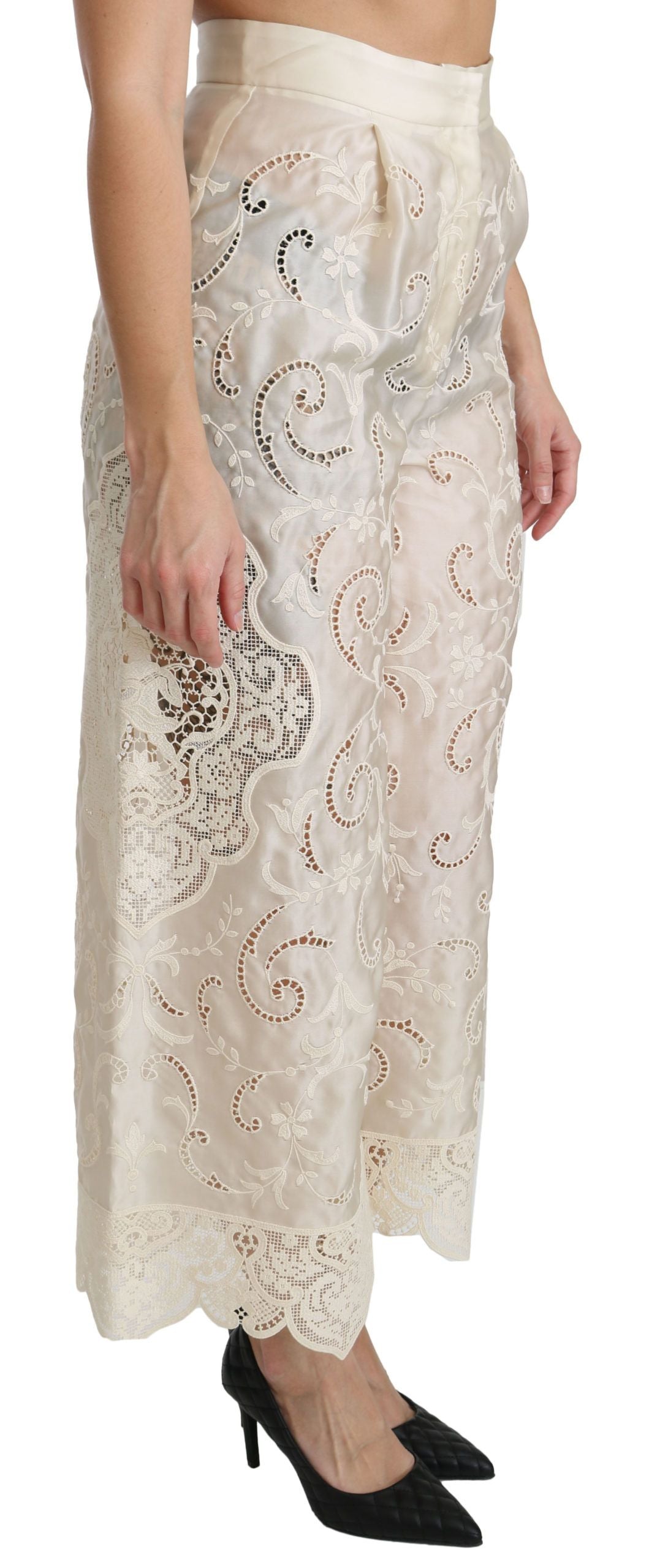 Cream Lace High Waist Palazzo Cropped Pants