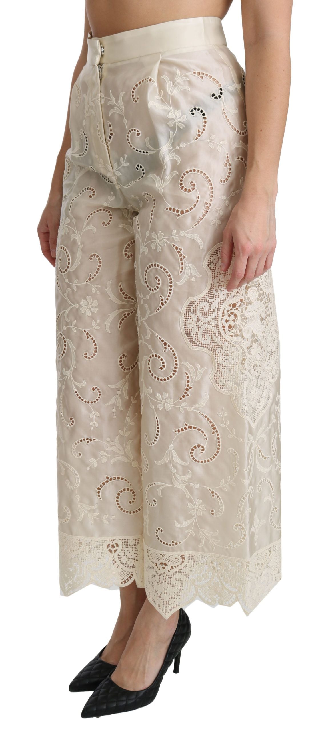 Cream Lace High Waist Palazzo Cropped Pants