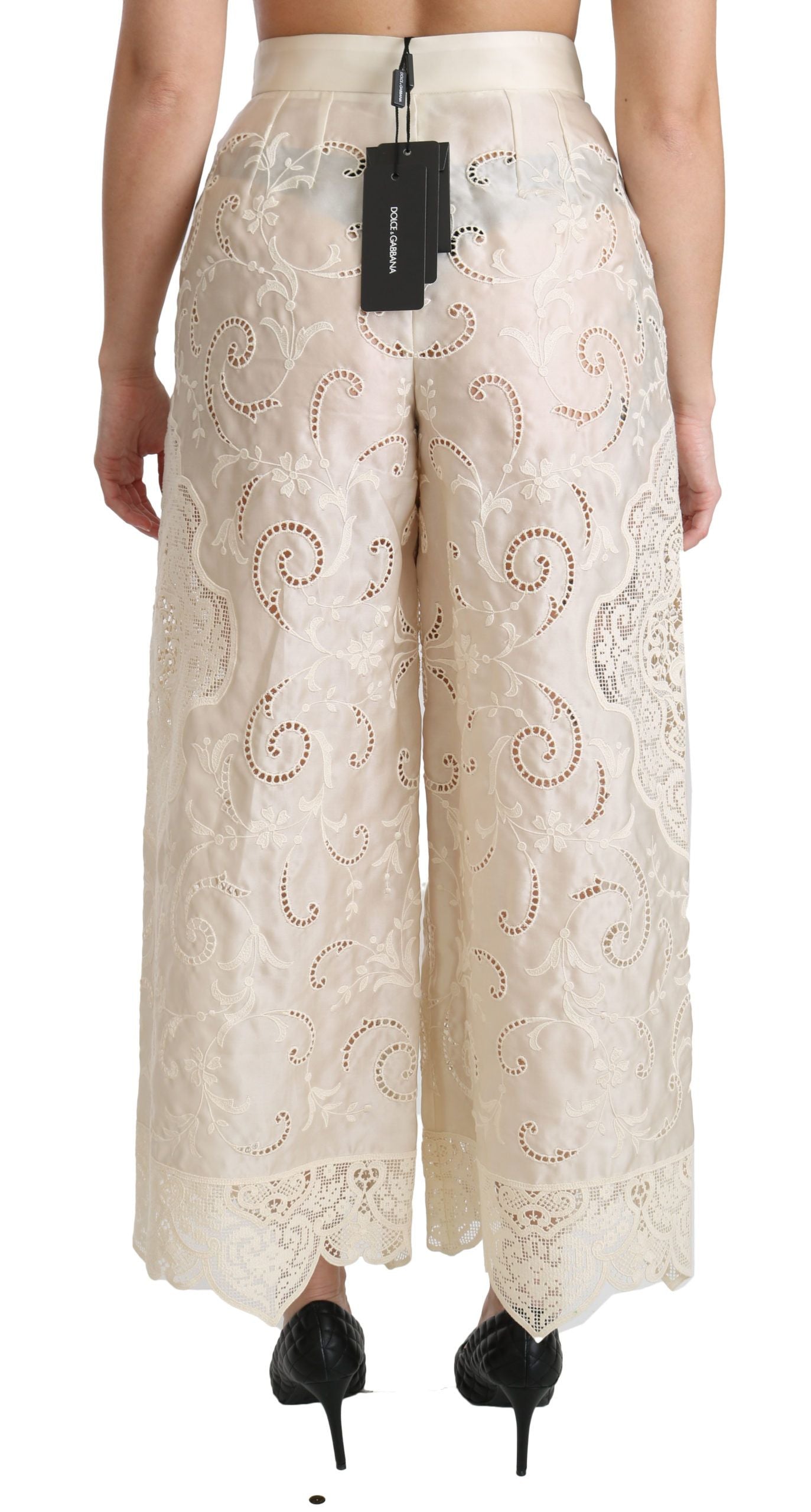 Cream Lace High Waist Palazzo Cropped Pants