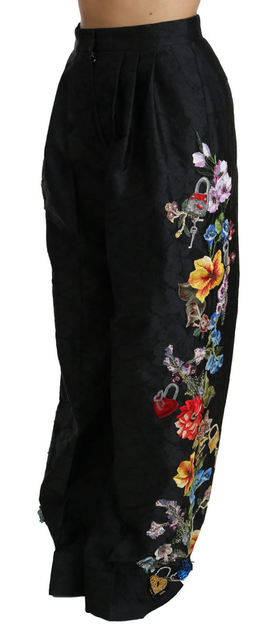 Black Brocade Floral Sequined Beaded Pants