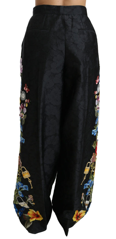 Black Brocade Floral Sequined Beaded Pants