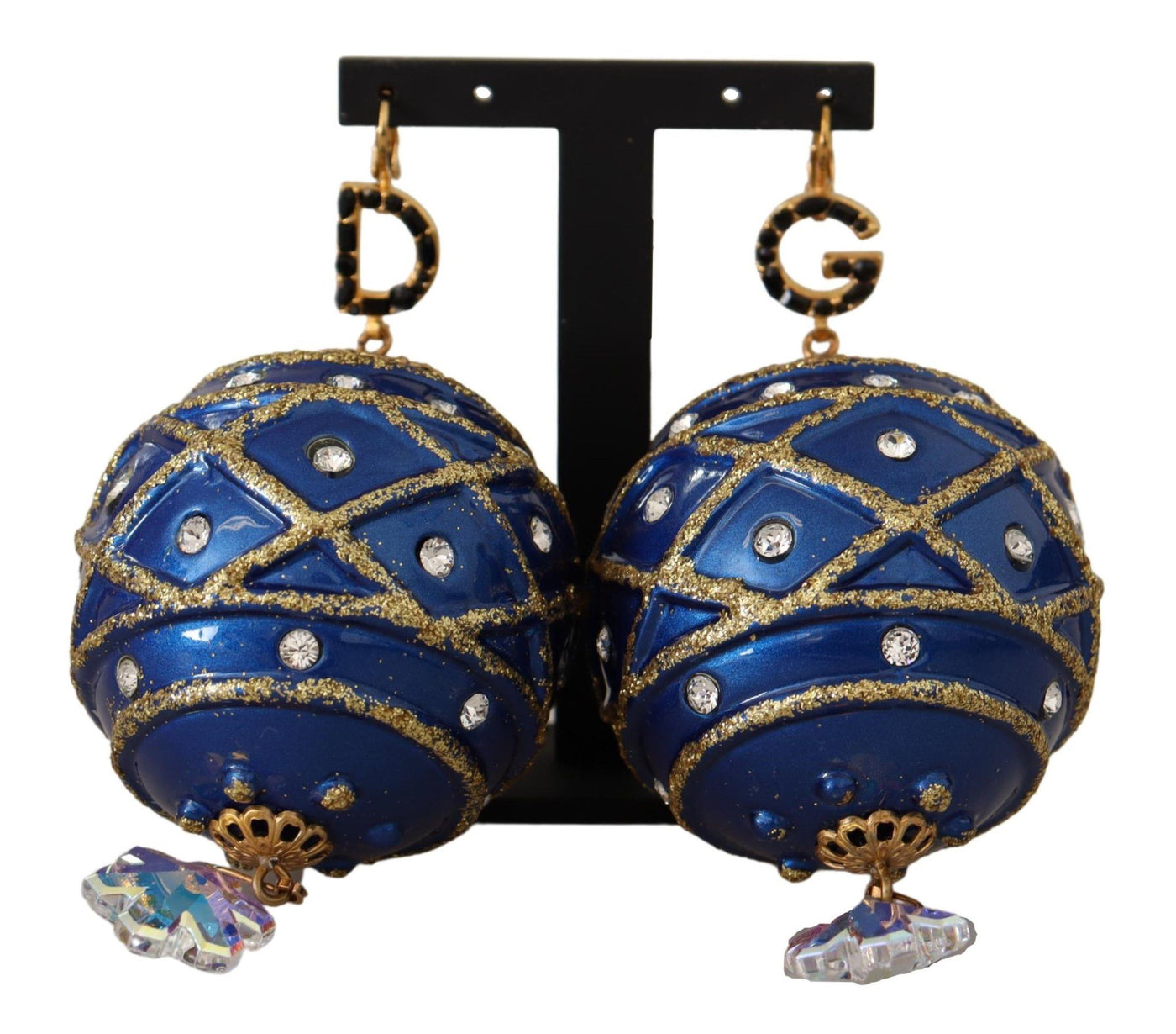 Blue Christmas Ball Crystal Hook Gold Brass Earrings