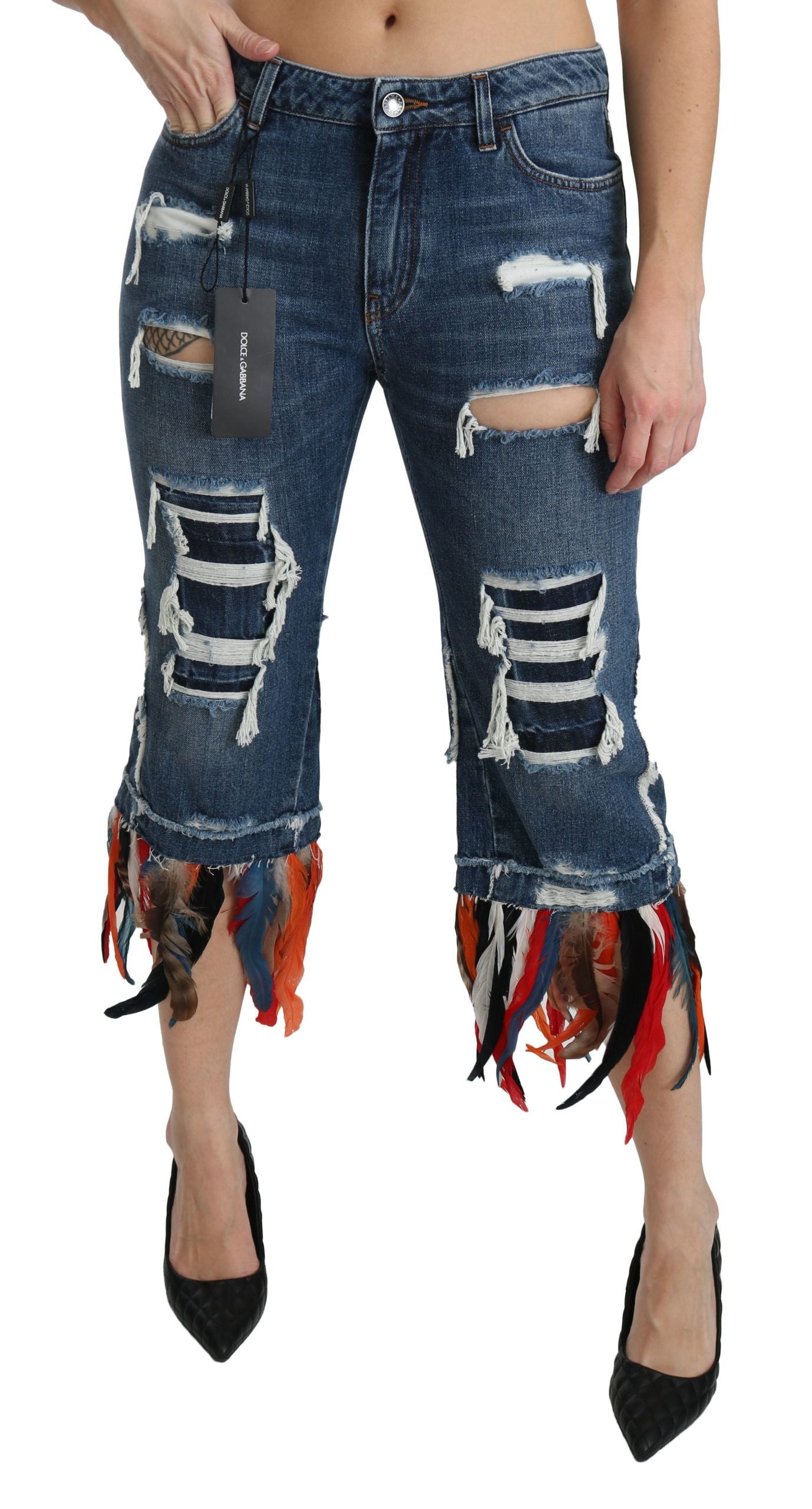 Blue Feathers Low Waist Cropped Cotton Jeans