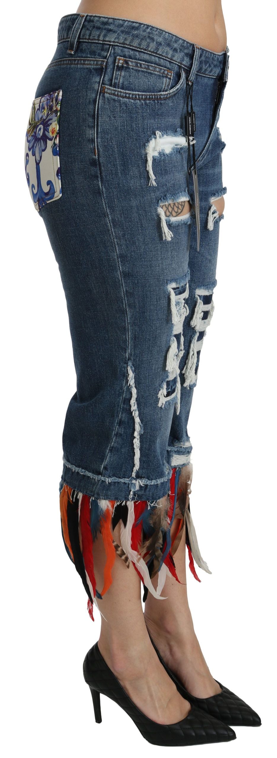 Blue Feathers Low Waist Cropped Cotton Jeans