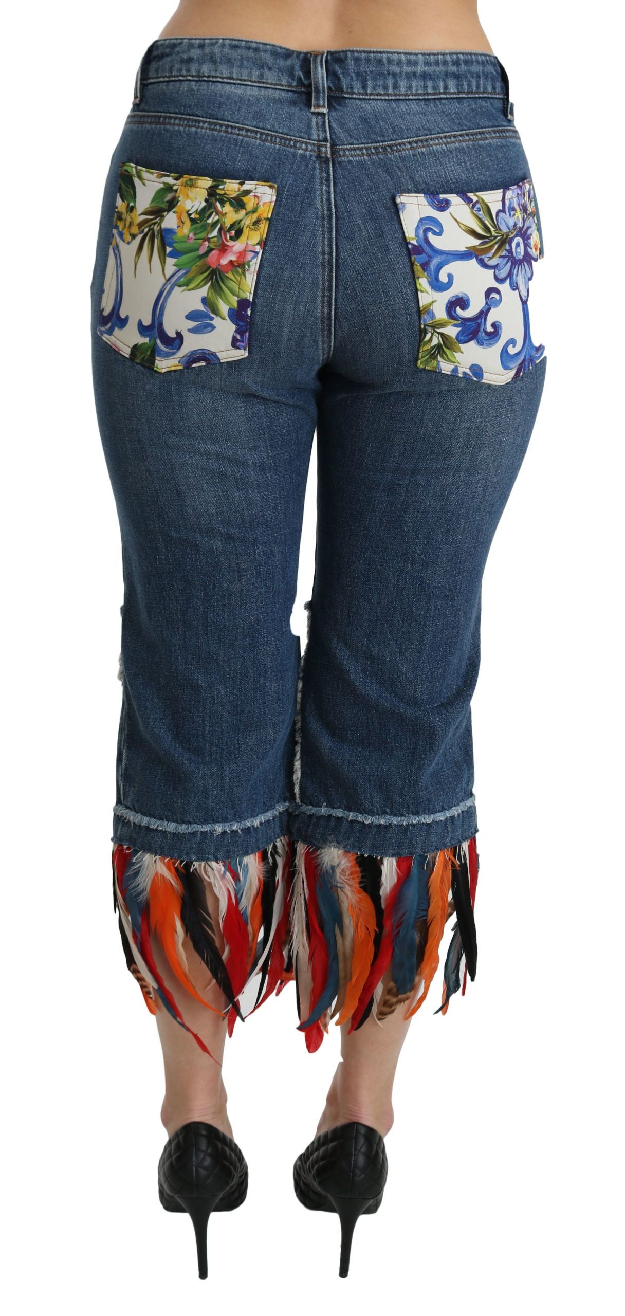 Blue Feathers Low Waist Cropped Cotton Jeans