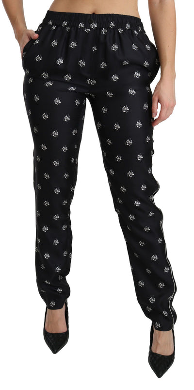 Black Printed Mid Waist Skinny Silk Pants