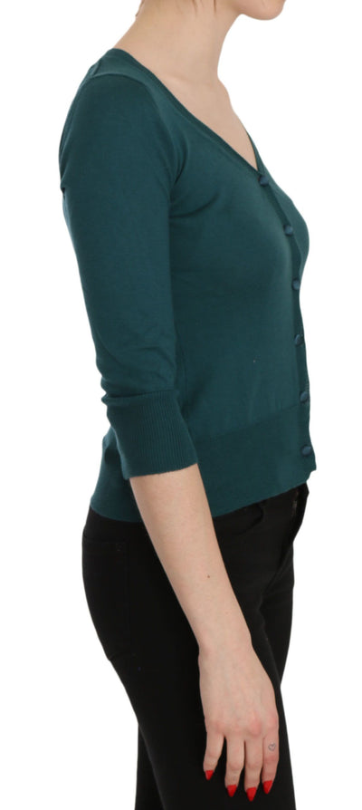 Blue Green Cotton 3/4 Sleeve Cardigan Top Blouse