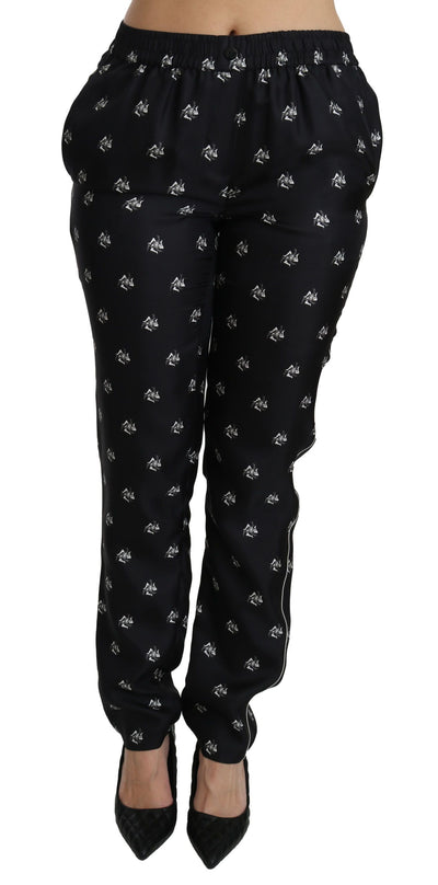 Black Printed Mid Waist Skinny Silk Pants