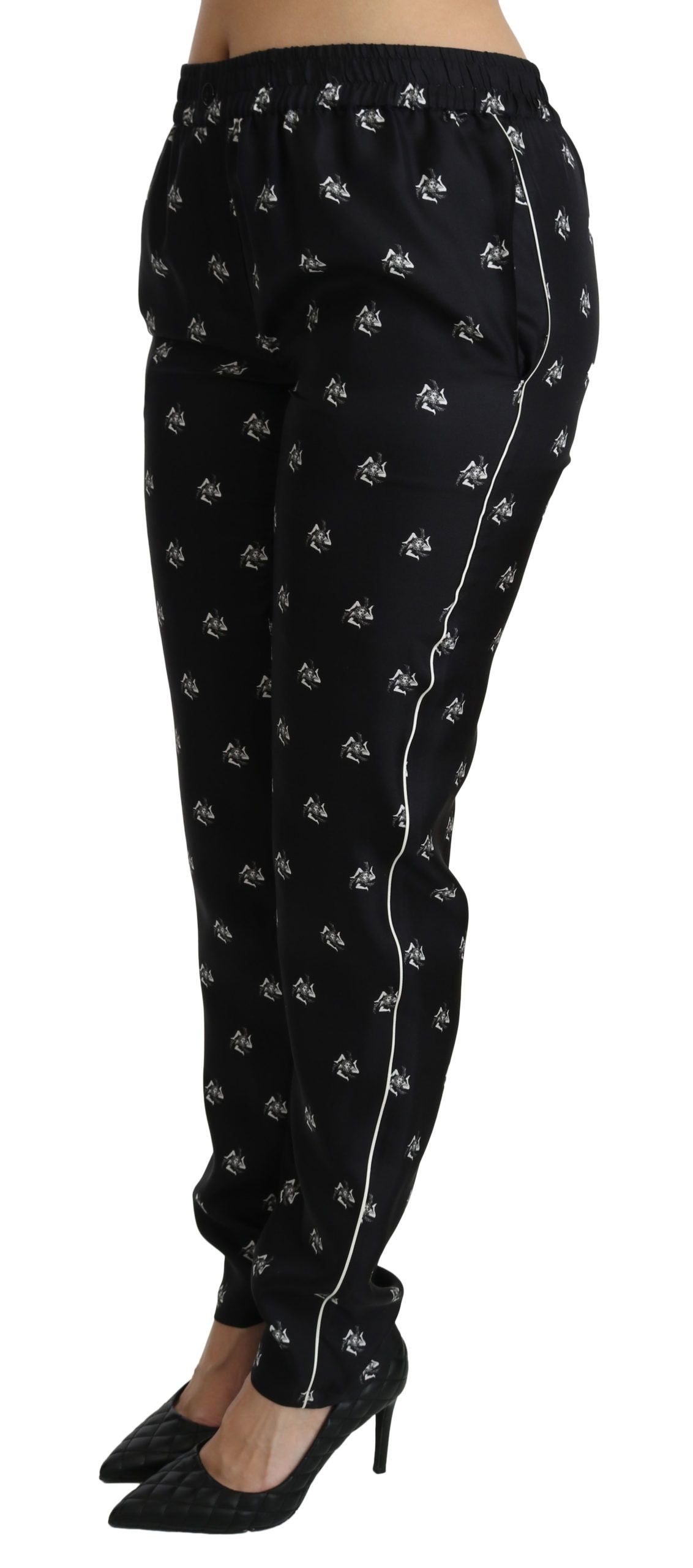 Black Printed Mid Waist Skinny Silk Pants