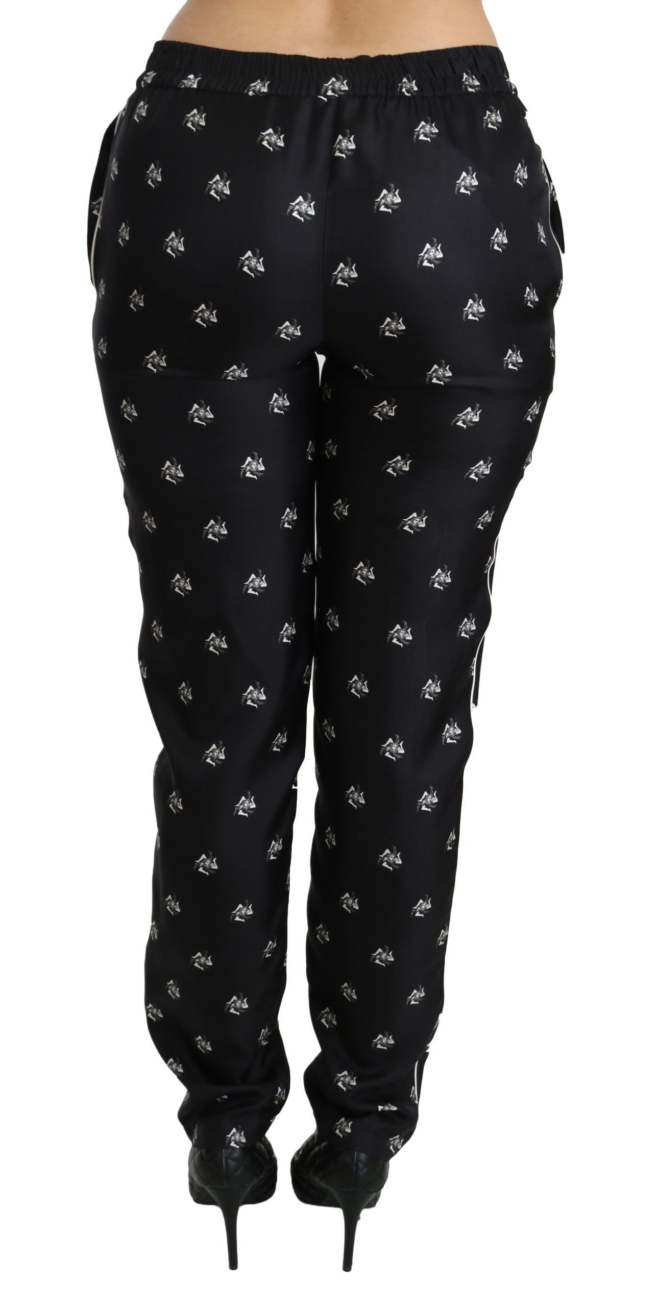 Black Printed Mid Waist Skinny Silk Pants