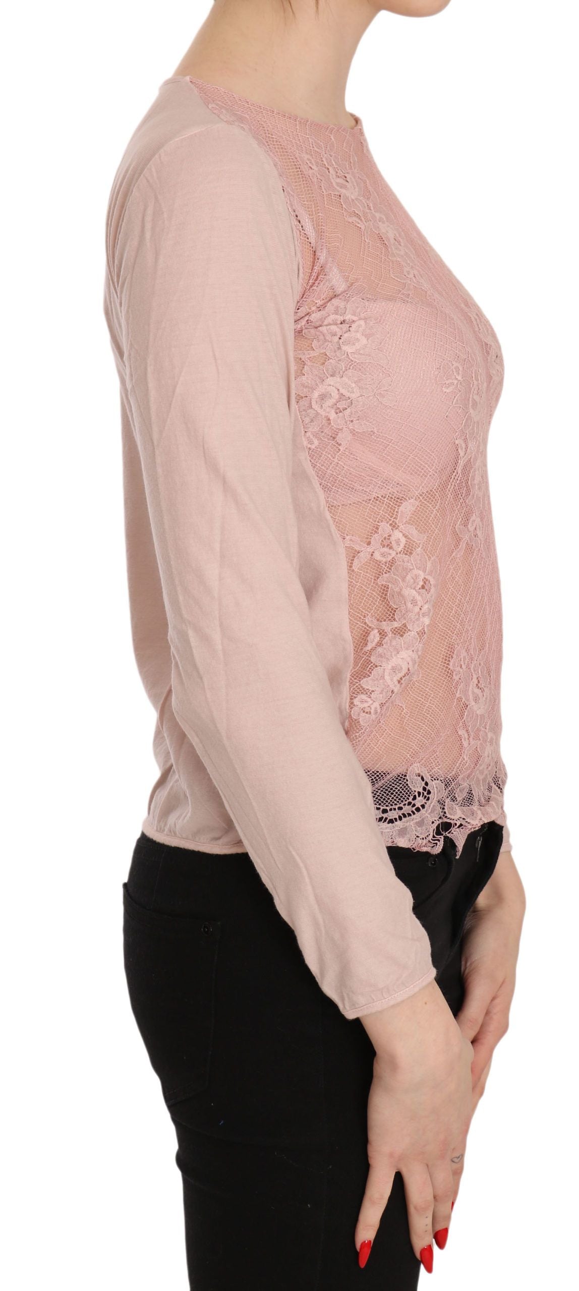 Pink Lace See Through Long Sleeve Top Blouse