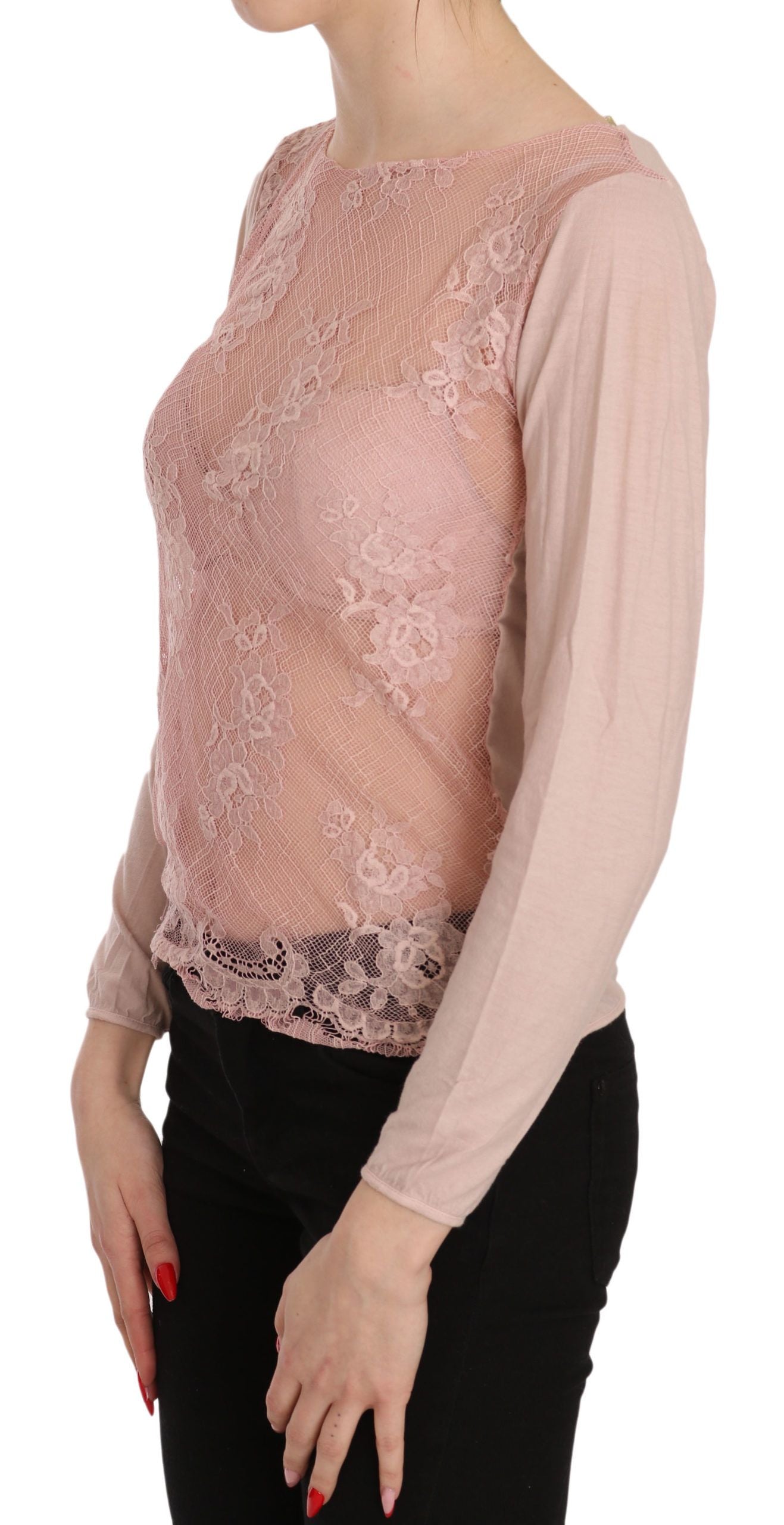 Pink Lace See Through Long Sleeve Top Blouse