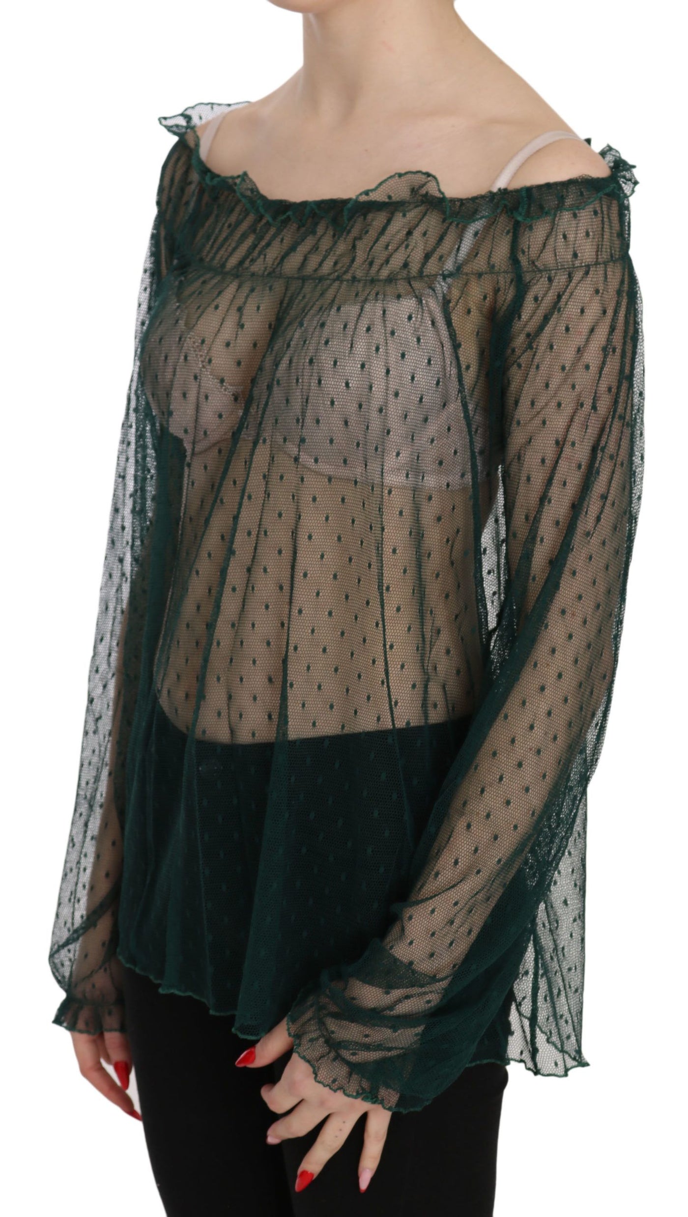 Green Mesh See Through Long Sleeve Top Blouse