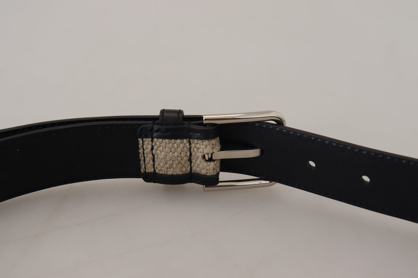 Black Beige Weaved Silver Metal Buckle Belt