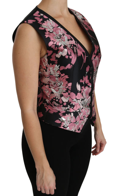 Black Pink Floral Waistcoat Vest Blouse Top