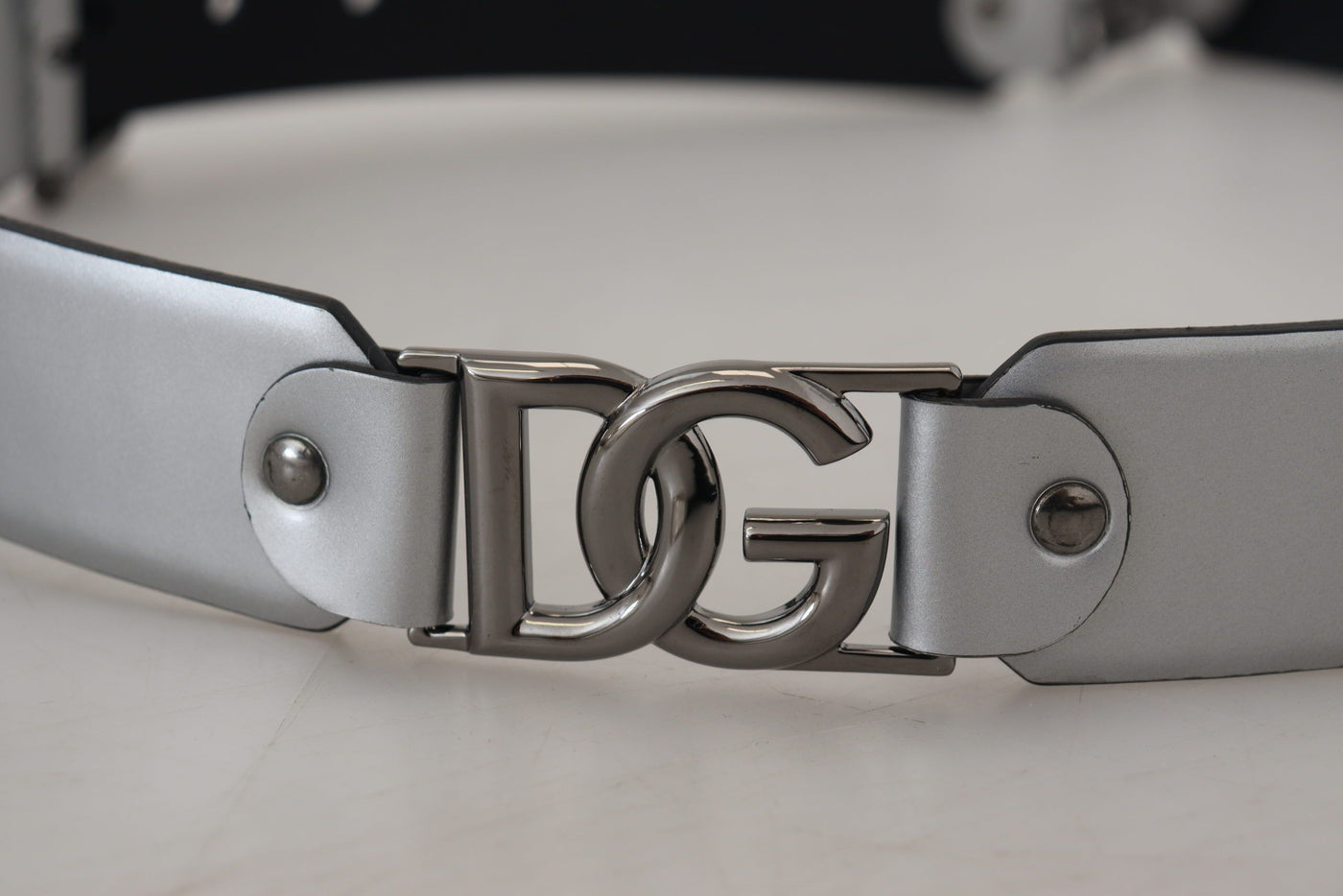 Metallic Silver Leather DG Logo Metal Buckle Belt