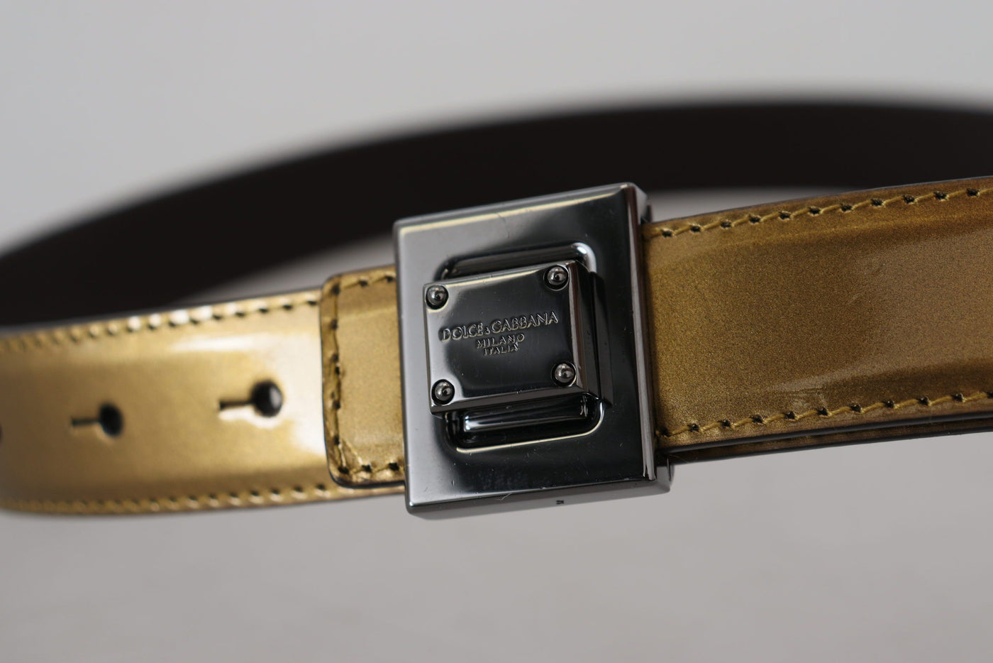 Gold Leather Silver Square Metal Buckle Belt