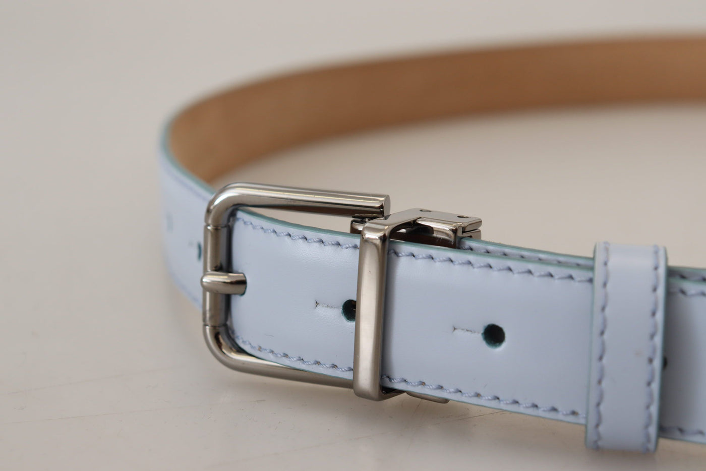 Light Blue Leather Silver Tone Metal Buckle Belt