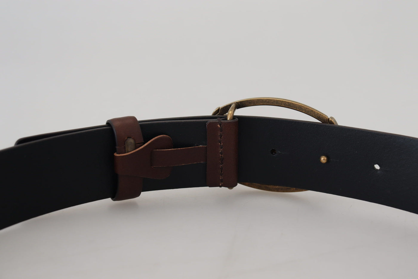 Brown Leather Gold Logo Metal Oval Belt